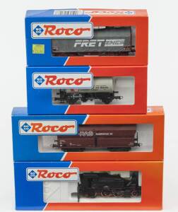 MODEL RAILWAYS: ROCO: FS BR 880.001 Steam Locomotive (43277), with Rolling Stock Comprising of DB Tank Car (46329), SNCF Covered Freight Car (46298), DB Self-unloading Car Loaded with Coal (46244). All mint in original cardboard packaging. (4 items)