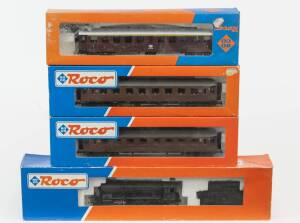 MODEL RAILWAYS: ROCO: SBB C 5/6 Elephant Steam Locomotive with Tender (43201), with Rolling Stock Comprising of FNM 1st Class Passenger Car (44200E), NSB 2nd Class Passenger Car (44268), NSB 3rd Class Passenger Car (44267). All mint in original cardboard 