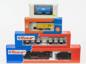 MODEL RAILWAYS: ROCO: DR BR 17 1177 Steam Locomotive with Tender (43311), with Rolling Stock Comprising of a Pair of DB Silo Car in Set (46520), Covered Freight Car ‘Dinkel Acker’ (4305C), DB Beer Boiler Car (47088). All mint in original cardboard packagi