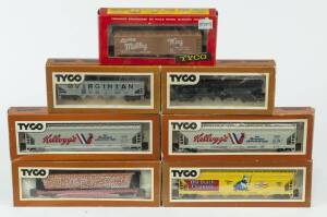 MODEL RAILWAYS: TYCO: Group of Rolling Stock Comprising of Hopper Car U.P. (344-E), Hopper Car Virginia (344-C), Old Time Reefer Hires (370D), 55&rsquo; Centre Flow Hopper Car Old Dutch Cleanser (358-F), Pulpwood Car 50 Foot Southern (334-A), A Pair of Centre F