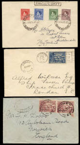 SHIP MAIL MARKINGS: 1925-37 group cancelled at Brisbane (2) or Sydney (1) with various NG adhesives and "PAQUEBOT", "LOOSE SHIP LETTER" oval and circular cachets alongside. Two addressed to England; one to N.Z.