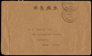 1937 (Mar.4) stampless OHMS cover to USA; with "POSTAGE PAID * RABAUL" cds's and with original enclosure, on Department of Treasury letterhead (dated 16th Feb., 1937) advising of the plans of the Territory to issue 4 stamps to commemorate the "Accession o