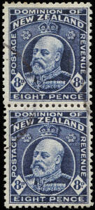 1909-30 (SG.404b,416b,418b,421b & 427b) 8d indigo-blue KEVII and 1&frac12;d slate, 2d yellow, 4d yellow, 8d indigo-blue KGV vertical pairs with perf. combinations of 14 x 13&frac12; & 14 x 14&frac12;. Plus a rejoined 2d violet pair. Cat. SG. &pound;930. 3 with very minor perf. faul