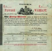 1861 Victorian ‘PASSAGE WARRANT’ (270x265mm) with imprint ‘By Authority: John Ferres, Government Printer, Melbourne’ vertically at left, entitling a ship’s master to a payment of £14 for the carriage of two children aged 8 and 10  (apparently unaccompanie