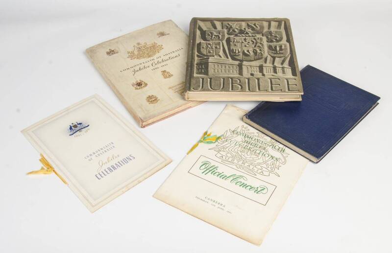 1951 COMMONWEALTH JUBILEE: Collection including dinner menu with 30 signatures including Robert Menzies, Earle Page & Arthur Fadden; "Official Concert" programme; stamps; medallion; books (3) including "Commonwealth of Australia Jubilee Celebrations 1901-