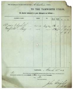 ELIZABETH DAVIS, LEFT A PAUPER FOLLOWING HER HUSBAND'S CONVICTION March 18th, 1844 printed form from The Guardians of the Poor of the Atherstone Union, about the cost of keeping Elizabeth Davis, a pauper from Tamworth.