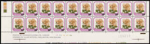 1980 (SG.1203a) 7c rose surcharged '20c', Harrison imprint lower margin block with extra deep selvedge showing the additional notations "GEAR OVERPRINT G 1 BORDER .... G 5 GREEN" partially hand engraved; CP.PA33a.Z, cat. $NZ400.