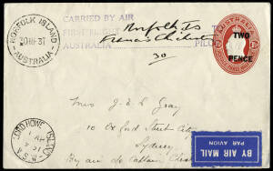 1 Apr.1931 (AAMC.183) Norfolk Is. - Lord Howe Is. 2d Envelope flown, signed & endorsed by Francis Chichester. Chichester was subsequently delayed at Lord Howe as a consequence of typhoon damage to his plane. Following repairs, he departed on June 6. [50-6
