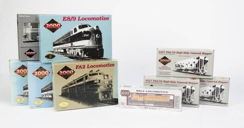 LIFE-LIKE PRODUCTS: "Proto 2000 Series" locomotives in makers boxes: C&O #4016, Southern #2923, Conrail #4020, D&H #19 and Louisville & Nacshville #356. Also, 3 freight cars and a "1000 Series" RSC2 Locomotive. (9 items).