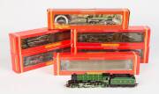 HORNBY: OO Scale steam locomotives with tenders, comprising R.188 LNER 4-6-0 Class B17/4 "Arsenal"; R.532 GWR 2-8-0 2800 Class; R.060 BR Class B17 4-6-0 "Leeds United"; R.533 SR 4-4-0 Schools Class "St. Lawrence"; R.314 BR 4-6-0 Black 5 Class; R.298 GWR 4