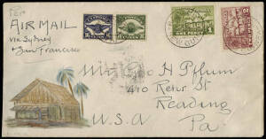 30 Apr.1927 (AAMC.P1b) New Guinea - United States cover bearing 1d & 2d Huts, tied by RABAUL datestamps; US 16c + 8c Airmails tied by READING, Pa. double ring oval paying the internal airmail fee from San Francisco (b/s June 9); Philadelphia (11 June) bac