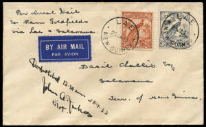 21 Jan.1933 (AAMC.P53) Kainantu (Upper Ramu Goldfields) - Lae - Salamaua cover, flown & signed by John Jukes for Guinea Airways. As postal facilities were not available at Kainantu, all mail was cancelled upon arrival at Lae P.O. [12 flown]. Ex Ray Kelly.