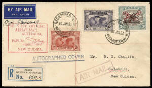 10 Feb.1933 (AAMC.P56) "FIRST OFFICIAL AERIAL MAIL AUSTRALIA, PAPUA - NEW GUINEA" cachet on 2 reg'd covers from PERTH & MELBOURNE to SALAMAUA; both signed by pilot, Orme Denny, who collected the mail once it arrived at Port Moresby aboard the "Macdhui"; a