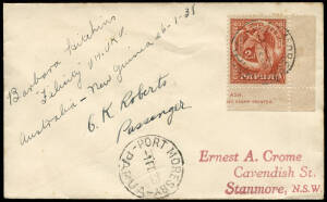 25 Jan.1938 (AAMC.P124) Sydney - Port Moresby cover, flown and signed by Barbara Hitchins in her DH Gipsy Moth; also signed by her passenger, C.K.Roberts. [5 flown]