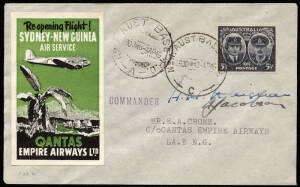 2 Apr.1945 (AAMC.P160) Sydney - Lae cover flown by Qantas on re-opening of service, with black/green vignette & signed by Capts. Deignan & Jacobson.