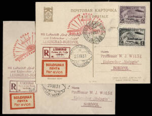 25 July 1931 (Si.120.Bb) Leningrad to the icebreaker "Malygin", North Pole, flown Zeppelin registered postcard and registered cover franked with a set of imperf. Zeppelin stamps, 30k + 1r and 35k + 2r. (Sc.C26 - C29). Both with red Zeppelin Polar cachets 