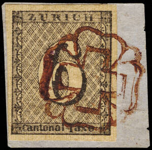 1843 6Rp. black, Zurich Cantonal, fine used on piece, with 4 full margins. Lovely.