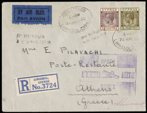 FIRST FLIGHTS; Cyprus, 24 Apr.1932 (Muller.5) Limassol - Athens reg. flown cover, 27 Mar.1936 (Muller.10) Hong Kong - Singapore from the Imperial Airways flight and 27 May 1924 (Muller.134) Switzerland, Basel - Bern. All fine with approp. cachets etc..