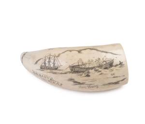 A scrimshaw whale's tooth,circa 1920s engraved "Albany, West Australia, Jan Lany" ith whaling scene and mermaid on reverse, monogrammed RHC