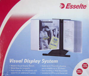 Esselte Visual Display System with 10 A4 panels for counter displays (2). Group of 5 different Flexilens magnifers on flexible arms with clamps or stands. Box of Eureka A4 sheets with 7 strips. All as new, priced to sell at $550.