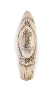 A scrimshaw whale's tooth with boating scene titled "Alma Doepel, Hobart 1933"