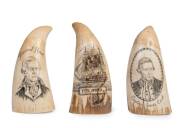 Group of three scrimshaw whale's teeth depicting Captain James Cook, General Howe and The Ohio