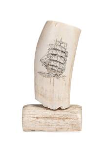 A scrimshaw whale's tooth with ship portrait mounted on whalebone stand