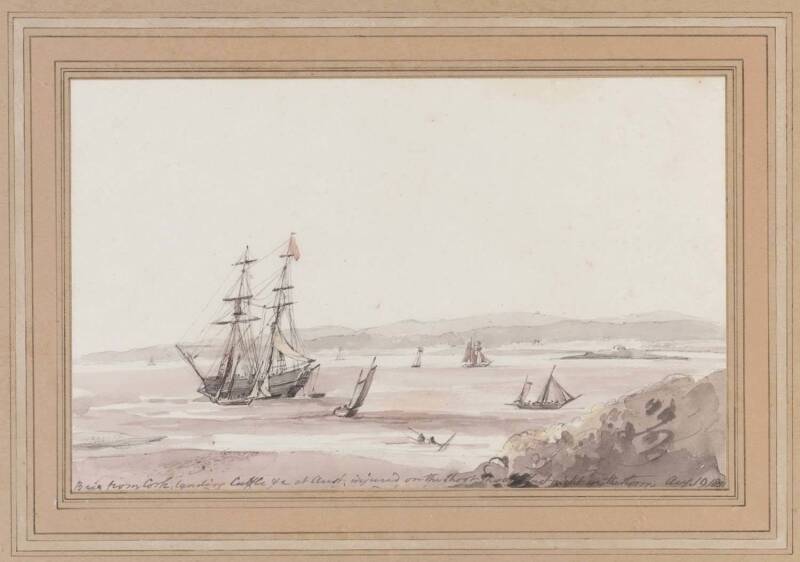 ARTIST UNKNOWN Maritime scene watercolour captioned "Brig from Cork, landing cattle at Aust. injured on the shore rocks in the storm, Aug. 19th 1821"