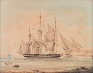 WILLIAM J. HUGGINS Three Maritime scenes aquatints one inscribed verso "An American Schooner at Anchor, by W.J.Huggins Marine Painter to his Majesty, 105 Leadenhall Street"