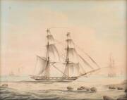 WILLIAM J. HUGGINS Three Maritime scenes aquatints one inscribed verso "An American Schooner at Anchor, by W.J.Huggins Marine Painter to his Majesty, 105 Leadenhall Street" - 3