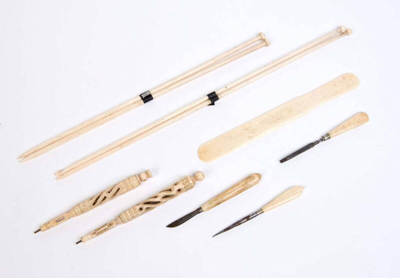 Two whalebone stanhopes, two pairs of knitting needles, busk and three manicured tools