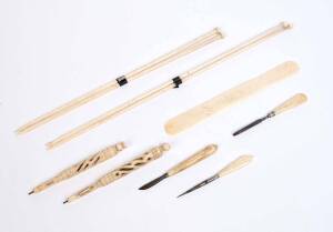 Two whalebone stanhopes, two pairs of knitting needles, busk and three manicured tools