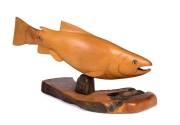 A huon pine carved trout on stand