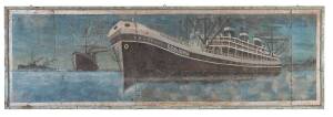 S.S. BURMA WW2 period Japanese folk art ship portrait painted on tin depicting a religious ceremony and Japanese soldiers.