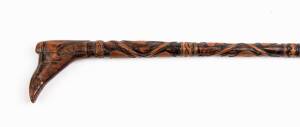 An unusual Australian walking stick with carved emu and kangaroo and boot handle, 19th century