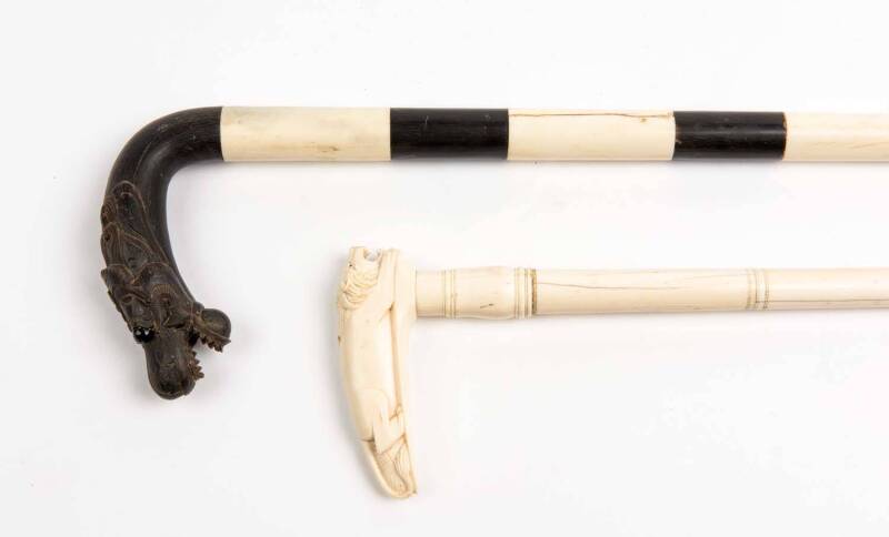 Two walking sticks, whalebone and carved horn with ivory and whale tooth, Chinese 19th century