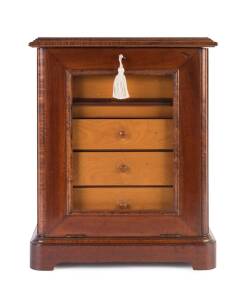 A rare exhibition cabinet, huon pine, fiddleback blackwood and mahogany with landscape watercolour panel back with accompanying note "cabinet of blackwood made by Arthur Bell at the age of 18, loaned by Bert Webb" circa 1880 