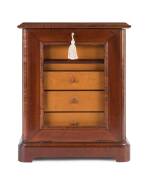 A rare exhibition cabinet, huon pine, fiddleback blackwood and mahogany with landscape watercolour panel back&nbsp;with accompanying note "cabinet of blackwood made by Arthur Bell at the age of 18, loaned by Bert Webb" circa 1880&nbsp;