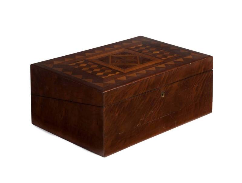 An Australian timber writing box, cedar, fiddleback blackwood, pine, Tasmanian oak and casuarina, circa 186016cm high, 40.5cm wide, 26cm deep