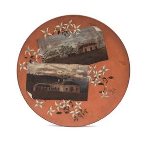 Circular terracotta plaque handpainted with farm scenes and flowers, 19th century