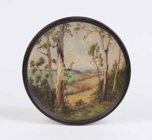 Tasmanian scene hand painted huon pine plaque, late 19th century possible view of Mount Wellington  