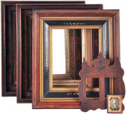 PICTURE FRAMES: Matched pair of ornate Victorian frames in wonderful condition 36x42cm; Victorian frame with ornate carved ebony slip; WWI prisoner carved (chip art) with naval ensignia on top; sterling small easel decorated with faceted topaz (?) hallmar