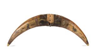 A pair of buffalo horns decorated with Australian animals and Aboriginal motifs, late 19th century