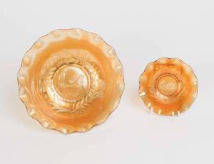 Two marigold carnival glass swan bowls, early 20th century