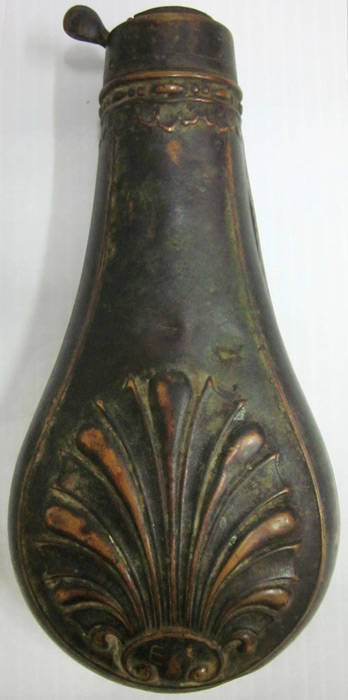 GUNPOWDER FLASK, decorated with shell and bush design (Riling 367), missing spring and stopper. Initials "EK" have been scratched at base.