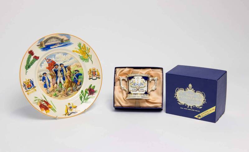 A Royal Crown Derby china 'Loving Cup' commemorating the Australian Bicentennial 1788 - 1988 together with a Captain Cook plate commemorating the "Landing at Botany Bay 1770" circa 1938