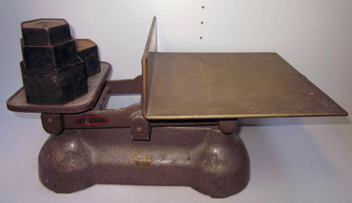 Ajax scales with brass parcel tray, and blue metal scales by "Mercury Scales Co.", with weights, Good condition.