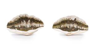 A pair of rare and important hand painted clam shells depicting North Queensland Aboriginal scenes, 19th century ​monogrammed M.G.