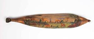 EWALD NAMATJIRA (1930 - 1984) hand painted woomera, signed lower center, circa 1950's. 74cm.
