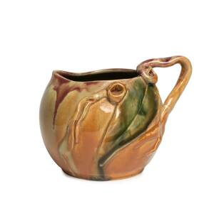 PAMELA Pottery jug with applied gumnuts and leaf attributed to Margaret Kerr, rare early colourway in pink, caramel and green glazes, incised Pamela, Hand Made, 1934